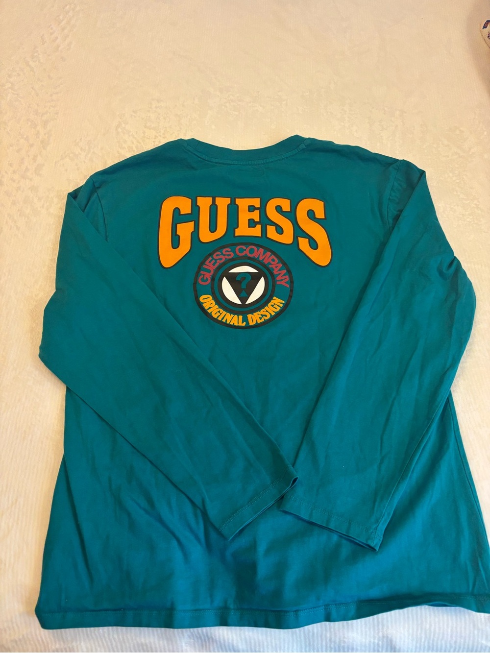 GUESS Teal Long Sleeve Tee with Bold Orange Logo